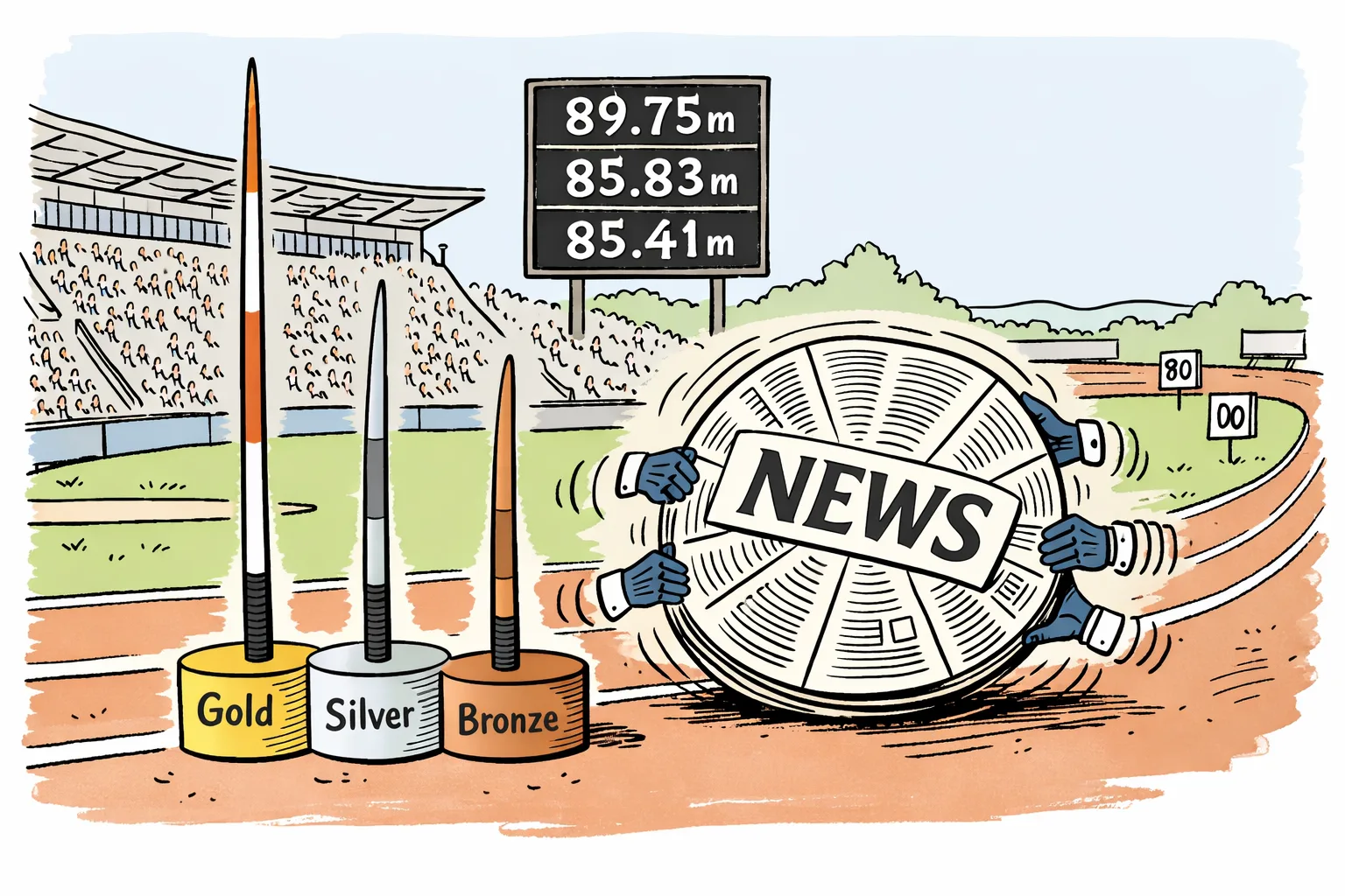 A javelin landing on a podium marked gold, silver and bronze while a large spinning newspaper headline trails behind it; a small Telangana athletics track sits in the background.
