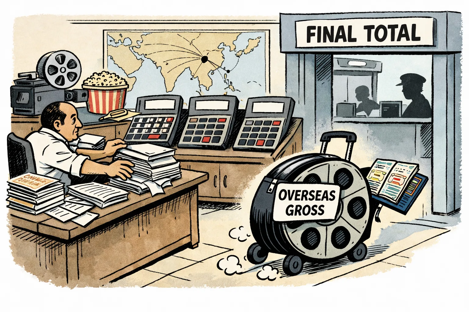 An editorial cartoon shows a suitcase labelled “OVERSEAS GROSS” rolling through an airport-style final-total gate while an auditor reaches for it beside competing ledgers, calculators and cinema receipts.