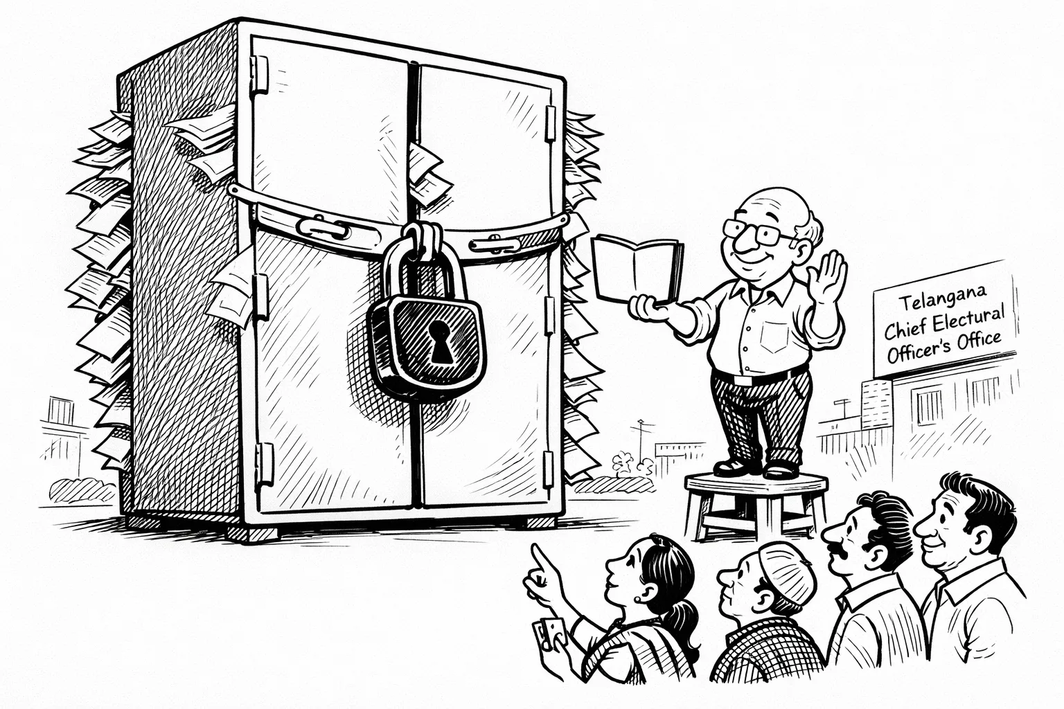 A small election official offers an empty receipt folder beside a huge locked records cupboard overflowing with blank voter-verification files, while several voters wait below.