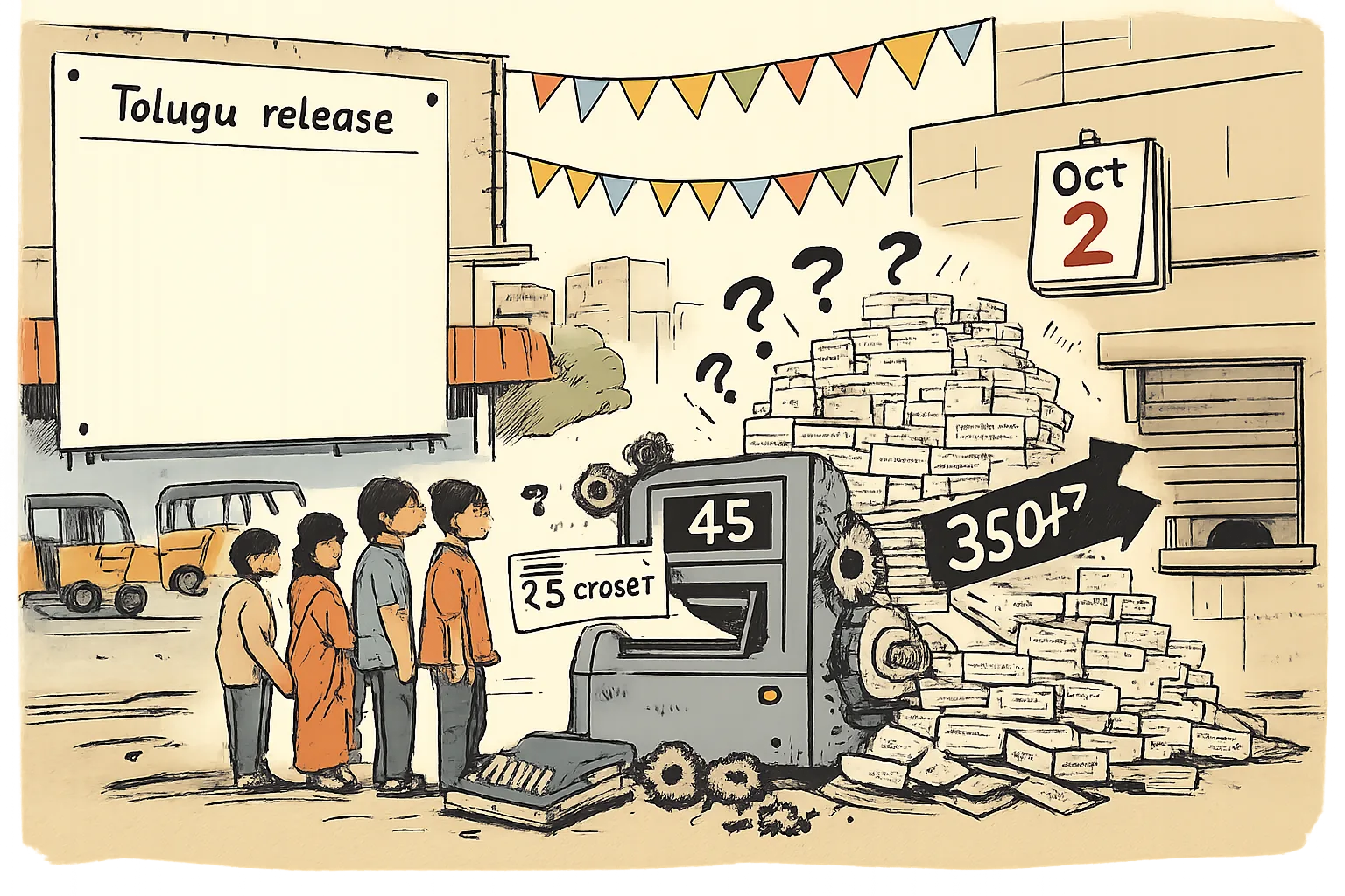 A cartoon outside a Telangana cinema shows a giant ticket machine inflating a small ₹5 crore receipt and a 45-show counter into an unstable pile marked 350-plus, beside an October 2 calendar and a patient queue.