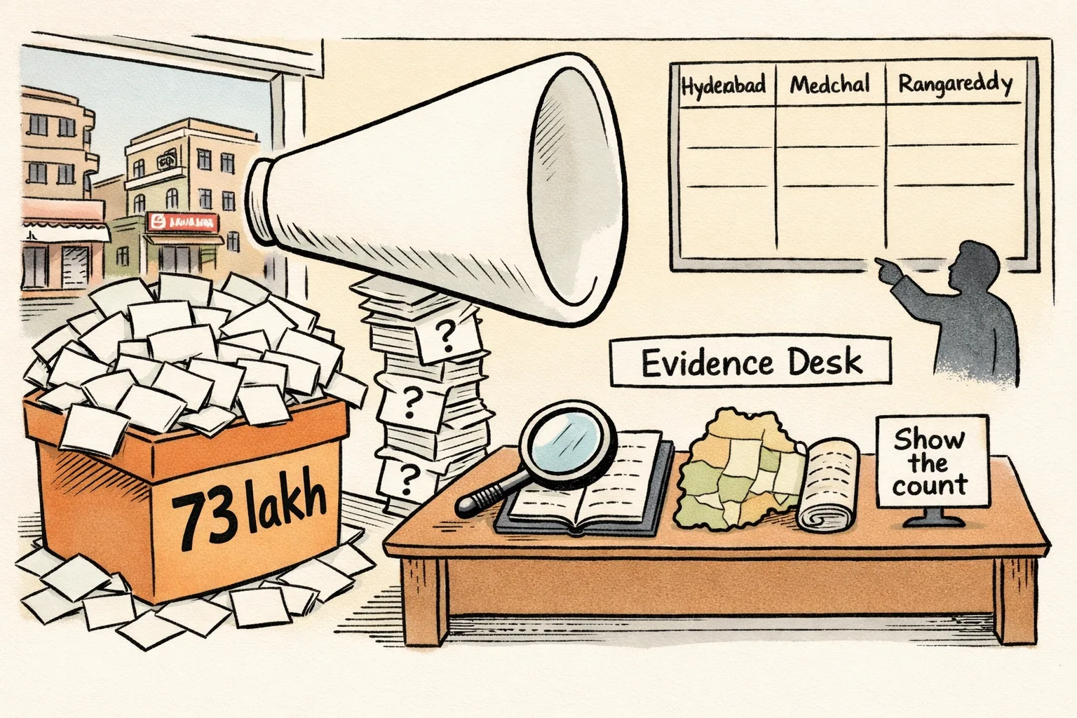 A giant ballot box marked 73 lakh overflows with blank deletion slips while a small evidence desk points to empty columns for Hyderabad, Medchal and Rangareddy and asks for a count.