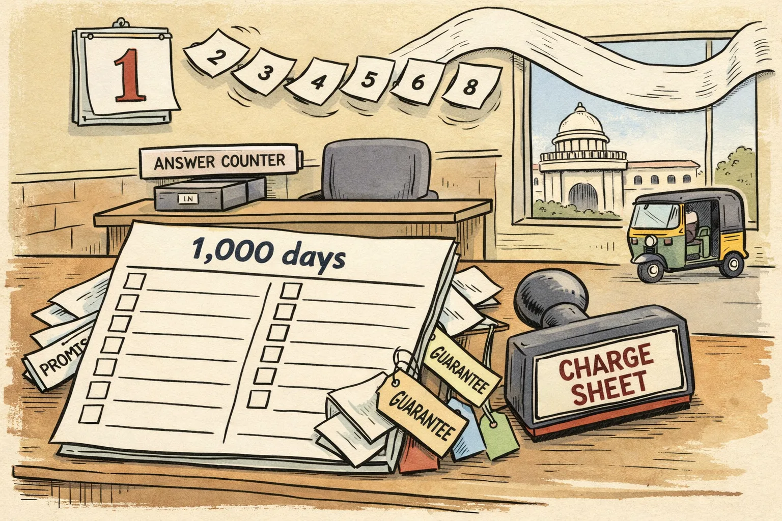 A giant report card with unchecked boxes and a charge-sheet stamp sits before an empty government answer desk, while a calendar pages toward a week-long campaign and an oversized banner fills a Telangana office.