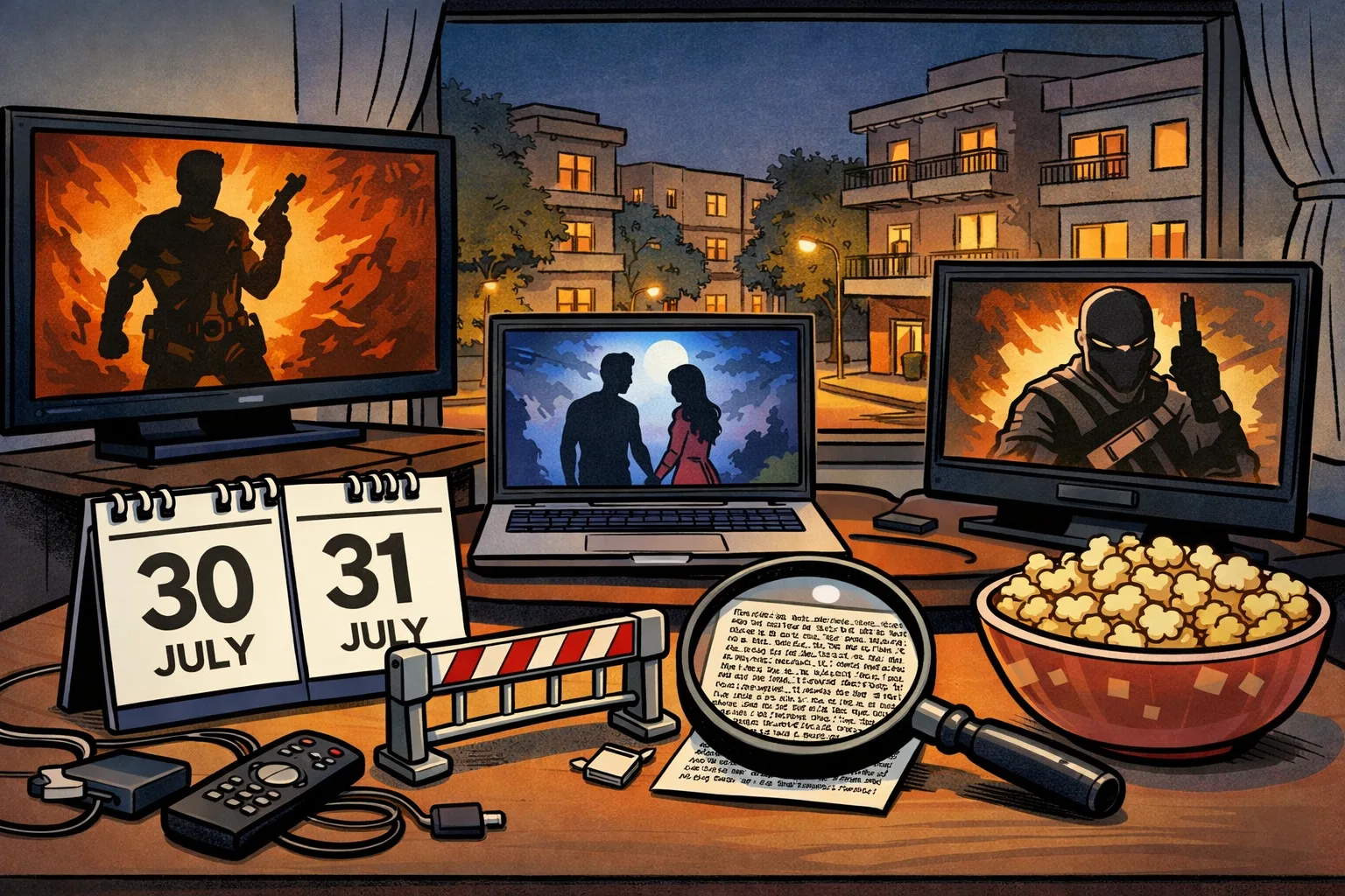 A hand-drawn illustration of three streaming platforms represented by unlabelled screens on a Hyderabad apartment wall, each showing a different Telugu title card, while a tiny calendar displays July 30 and 31 and a magnifying glass hovers over fine print.