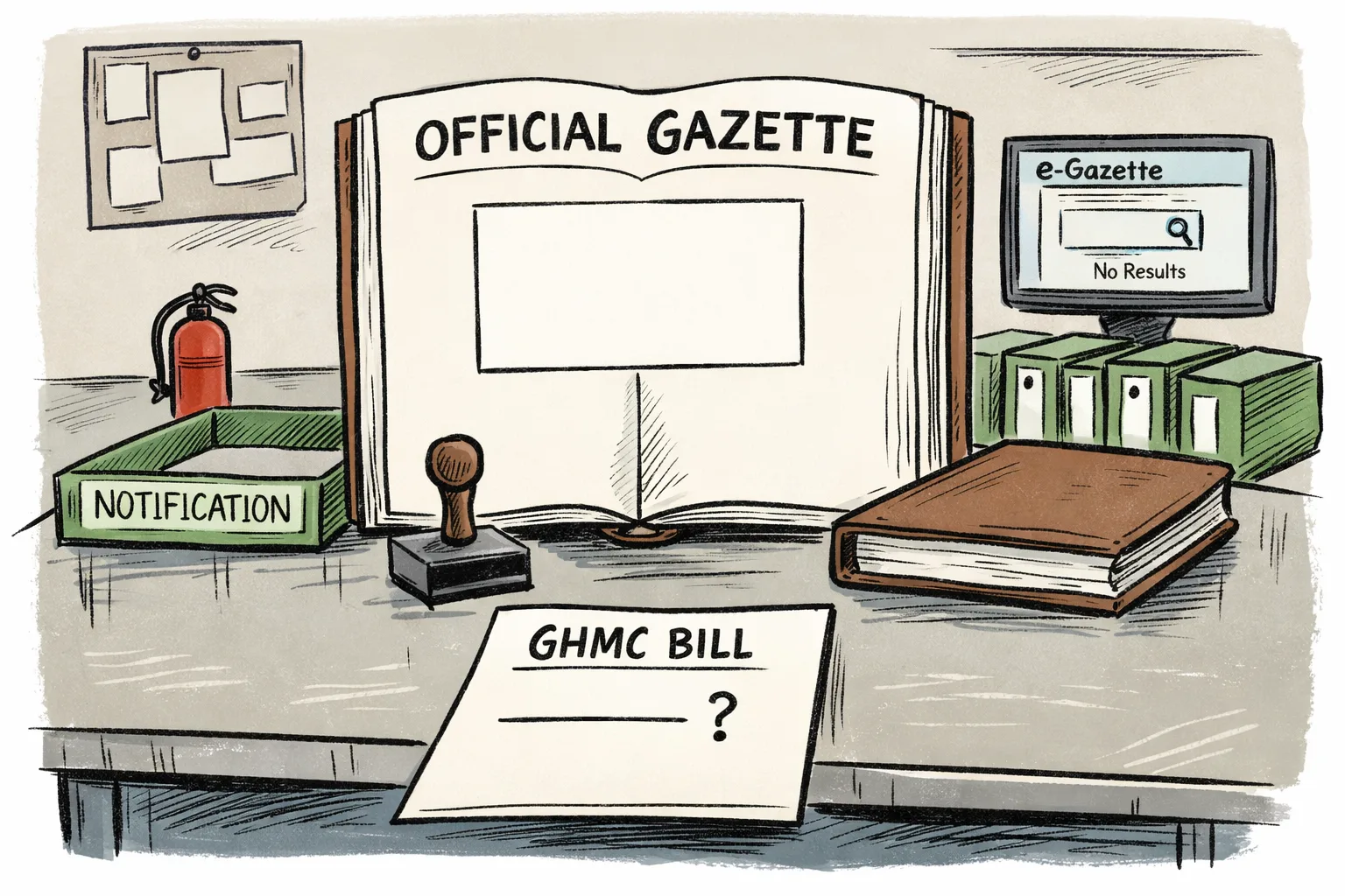 A giant blank Official Gazette lies open on a desk in a Telangana government office, beside an empty rubber stamp, a silent filing tray and a Hyderabad property-tax bill with a question mark where a fire-tax line might be.