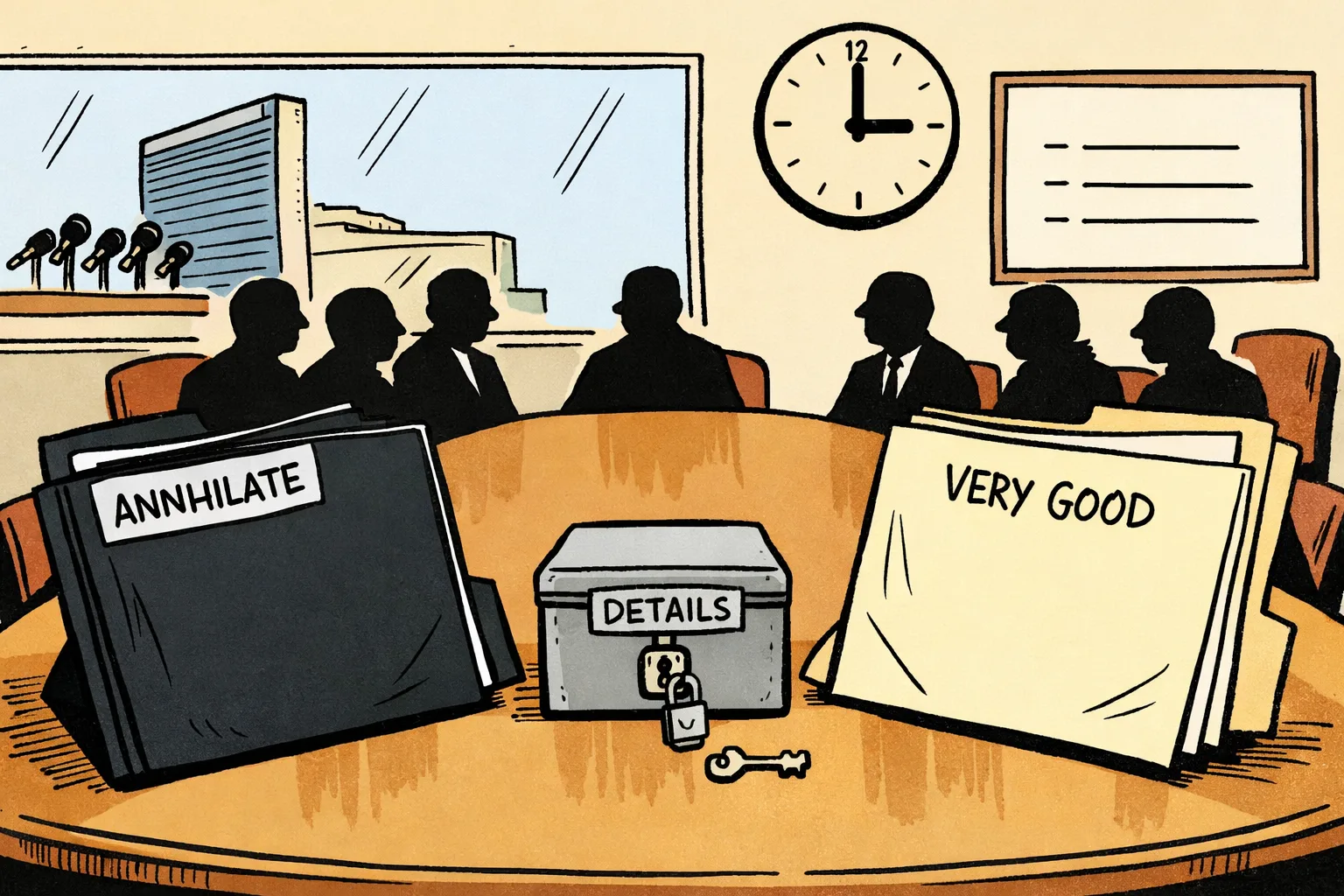 In a United Nations meeting room, two groups of anonymous diplomats sit across a table holding folders marked “ANNIHILATE” and “VERY GOOD”, while a locked box marked “DETAILS” sits between them.