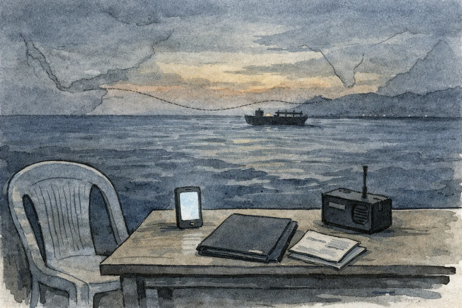 A small cargo ship sits on a dark sea beyond an empty chair and a table holding a phone, a folded document and a closed communications folder; a faint route line leads toward the Horn of Africa and India.