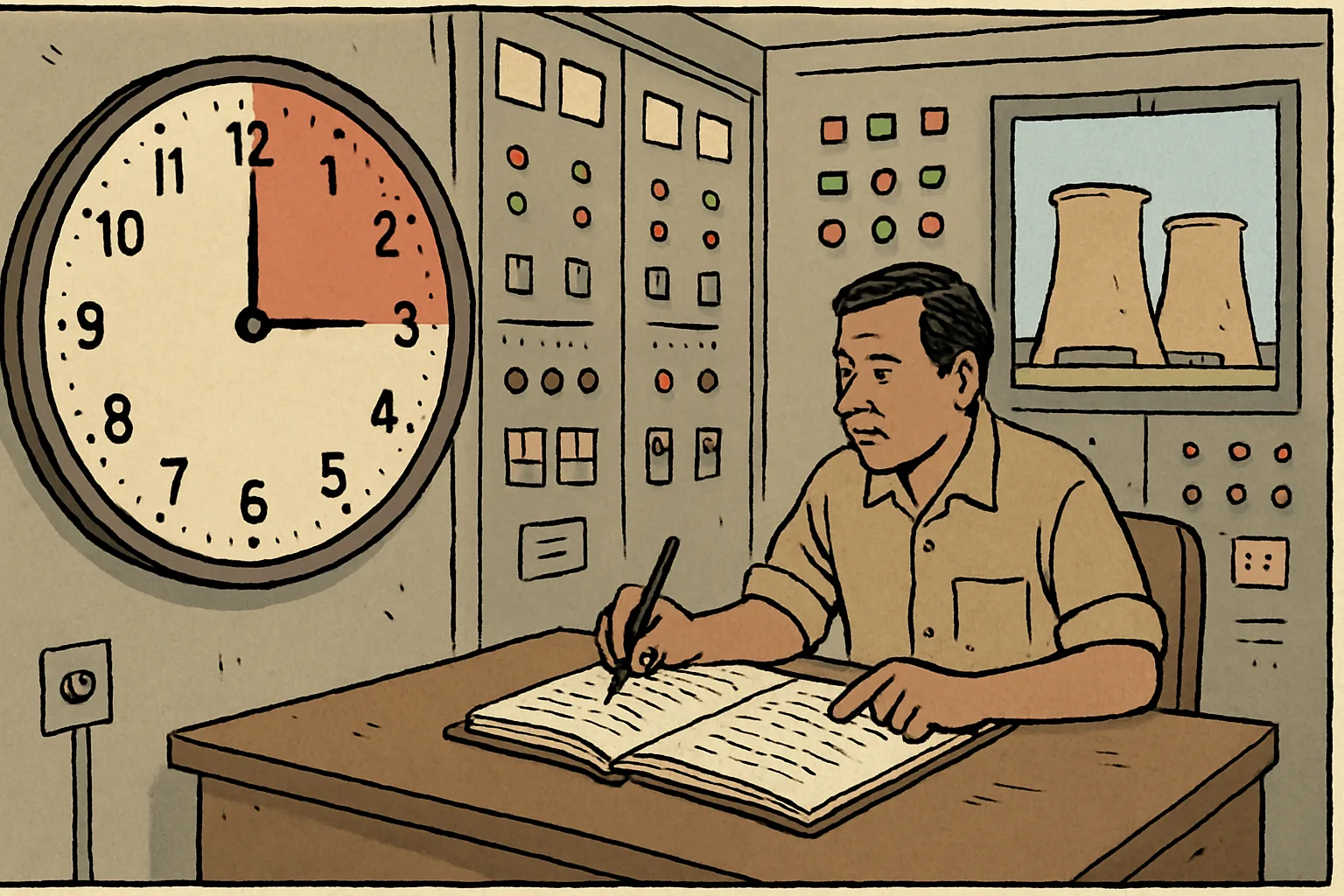 Interior of a power substation control room. An operator points to a logbook at a desk. On the wall behind him, a clock is marked to show 12 hours of power in red and 12 hours without in grey. Through the window, thermal power plant cooling towers stand idle in the distance.