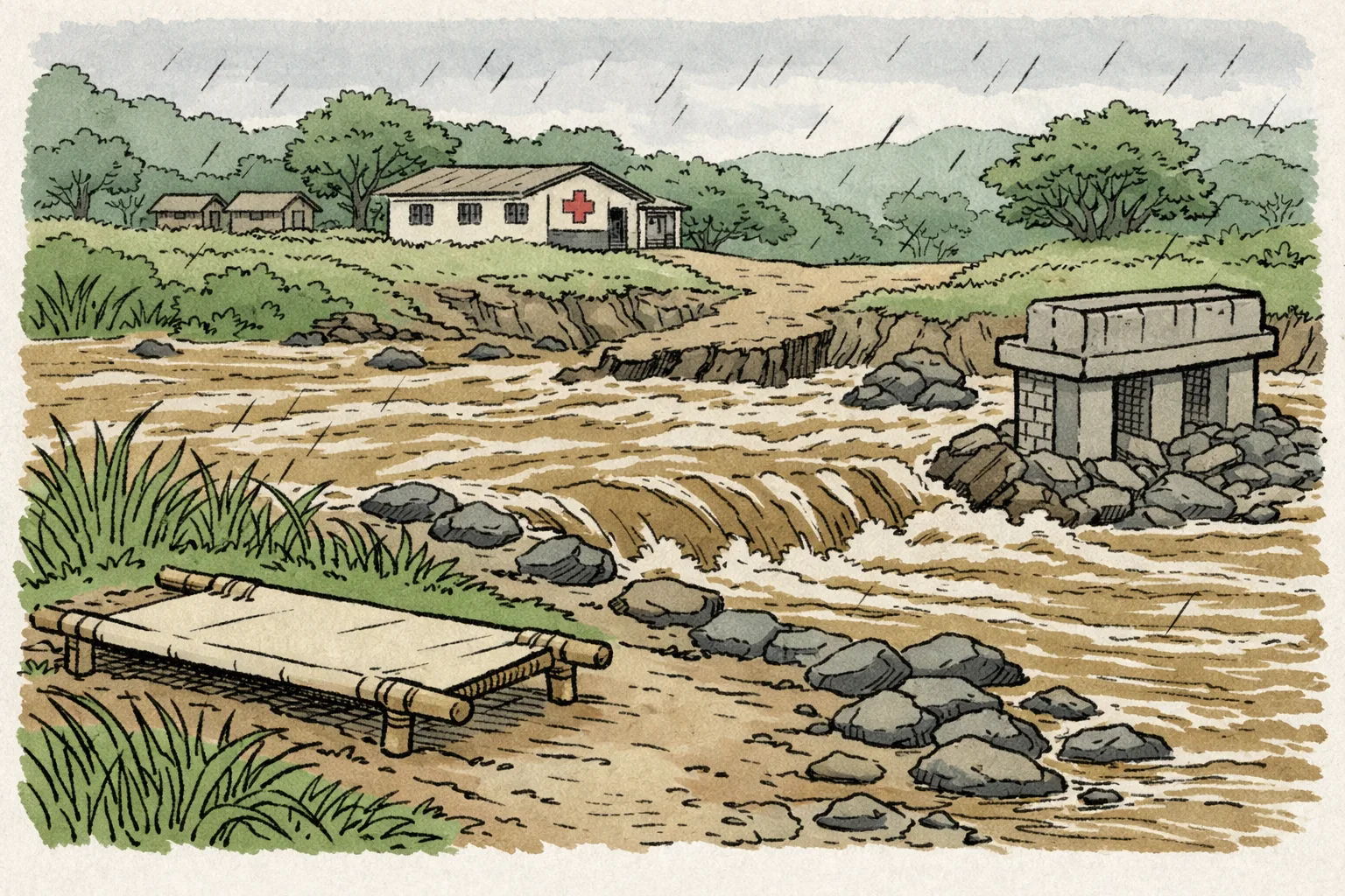 A rain-swollen stream cuts across a muddy path in a Telangana forested village, with an empty makeshift stretcher on the near bank and a distant primary health centre visible beyond the water.