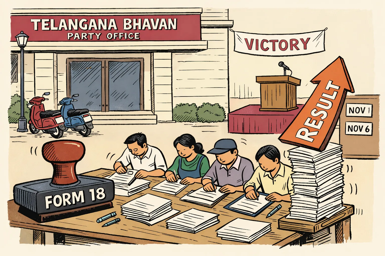 Anonymous workers fill voter-registration forms at a table outside a Telangana party office while a small victory podium and a wobbling arrow labelled result sit behind them.