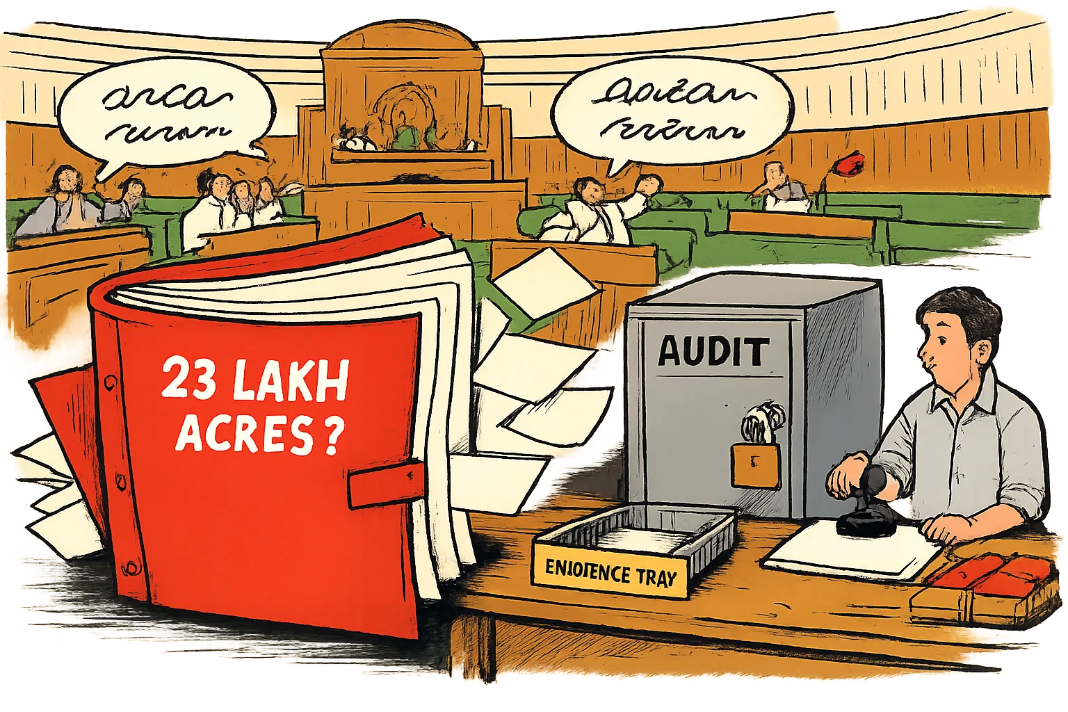 An empty oversized file marked “23 LAKH ACRES?” sits beside a locked audit cupboard in the Telangana Assembly, while indistinct figures speak into a switched-off microphone and a clerk holds a stamp over a blank document.