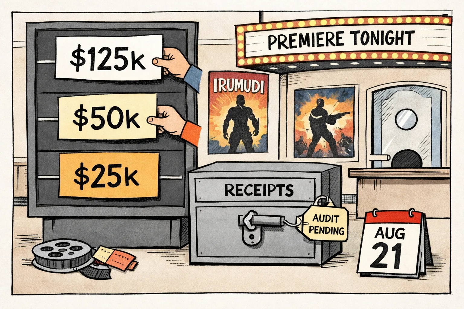A cinema-lobby scoreboard shows rising pre-sale figures from $25k to $125k while a locked drawer labelled receipts sits beside an August 21 calendar and a covered box-office counter.