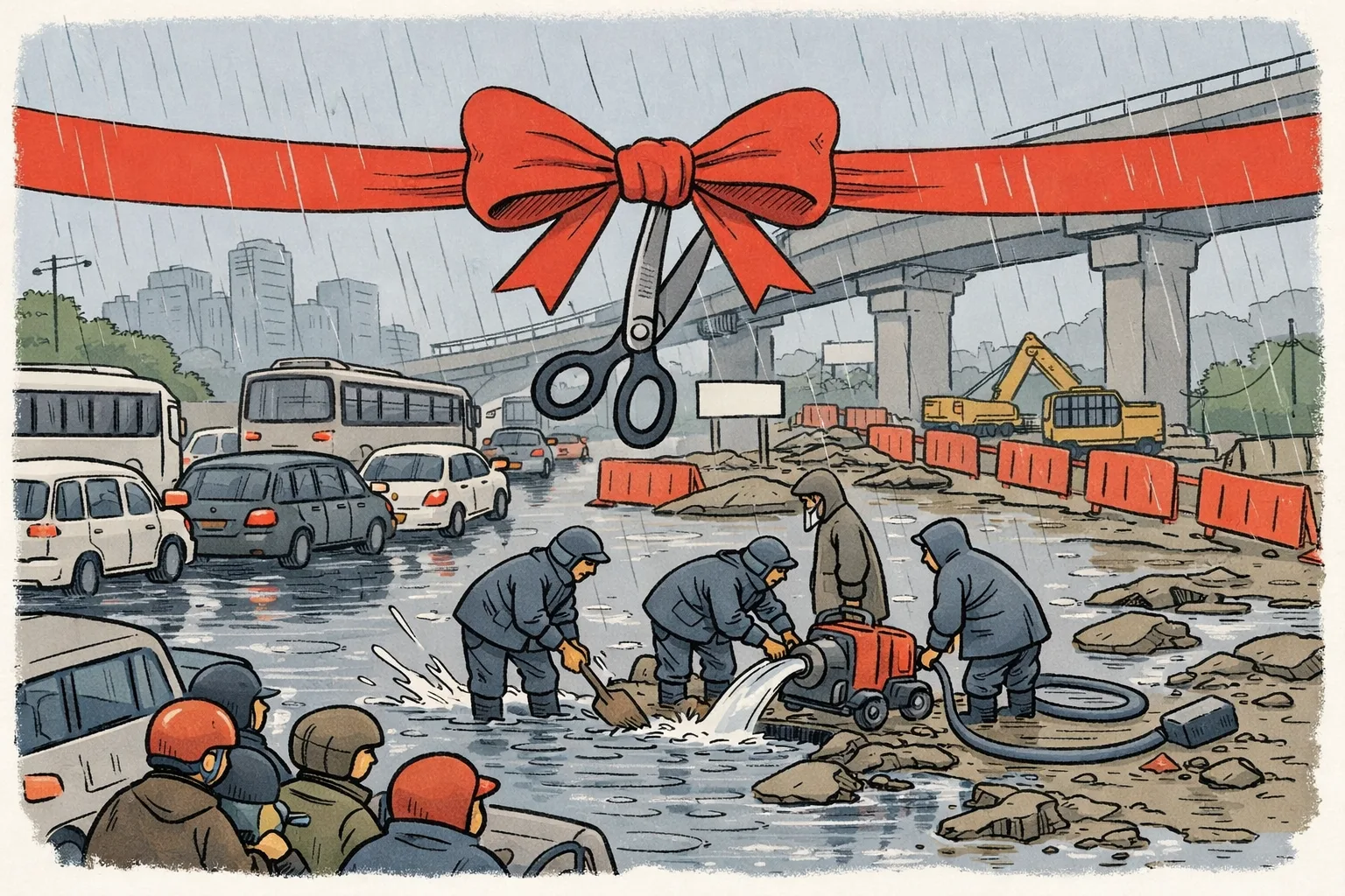 A rain-soaked Hyderabad road is divided between a crawling line of traffic beside construction barricades and a giant ceremonial ribbon stretched over a puddle, while municipal workers clear a drain in the background.