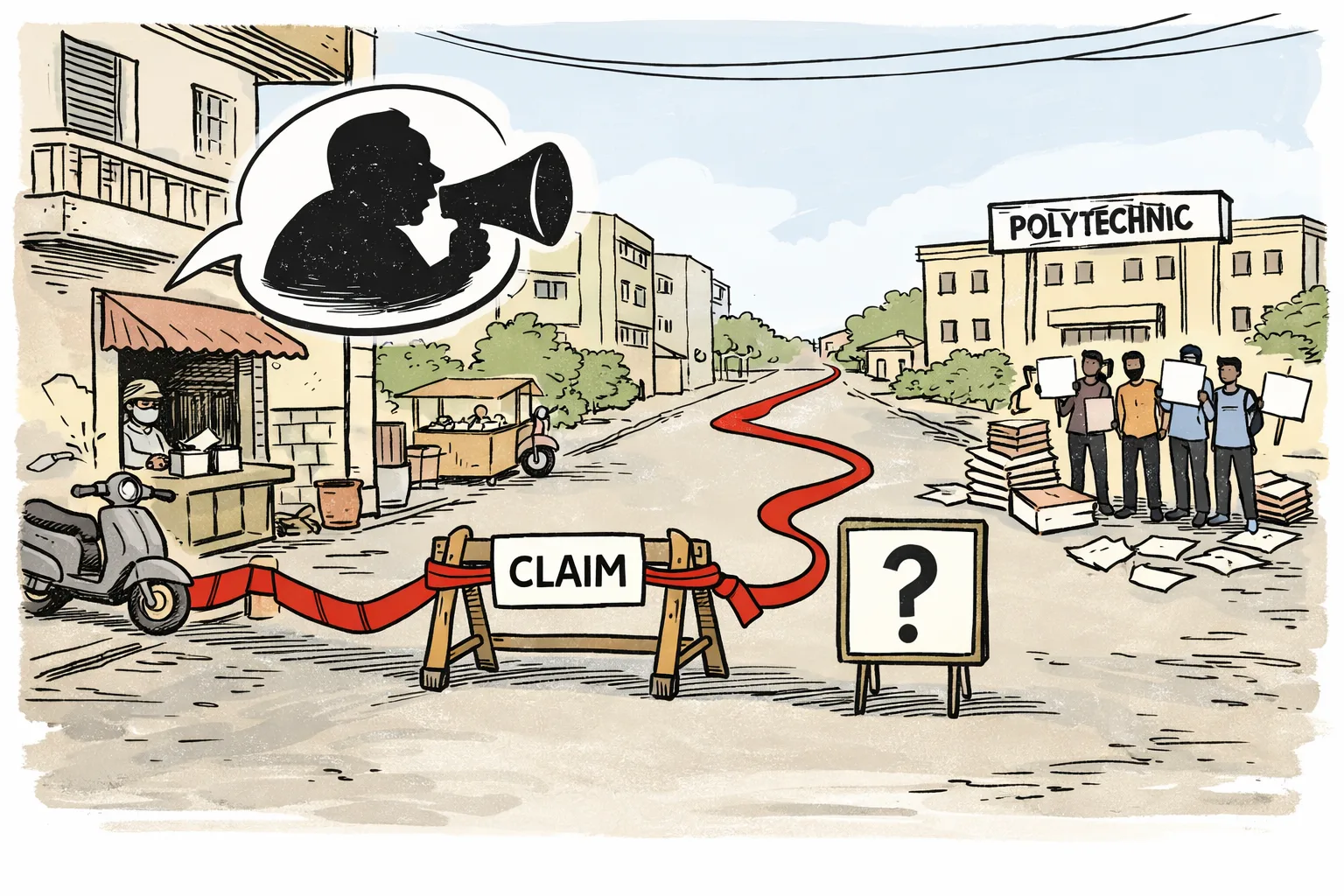 A small barricade outside a Hyderabad residence blocks a symbolic route toward a polytechnic college, while student figures stand in the distance and an empty noticeboard bears a question mark.