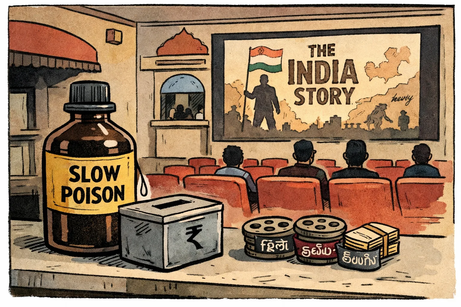 A nearly empty cinema hall with a few scattered viewers, while an oversized promotional bottle marked “Slow Poison” drips slowly into a tiny box-office collection tin; three small film reels labelled Hindi, Tamil and Telugu sit nearby.
