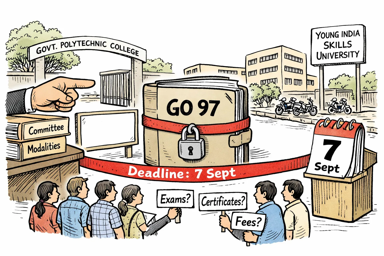 At a Hyderabad government polytechnic, students stand beside a blank noticeboard while a sealed file marked GO 97 sits behind a locked cabinet; a large September 7 deadline ribbon crosses the scene and folders marked committee and modalities point toward a skills university sign.