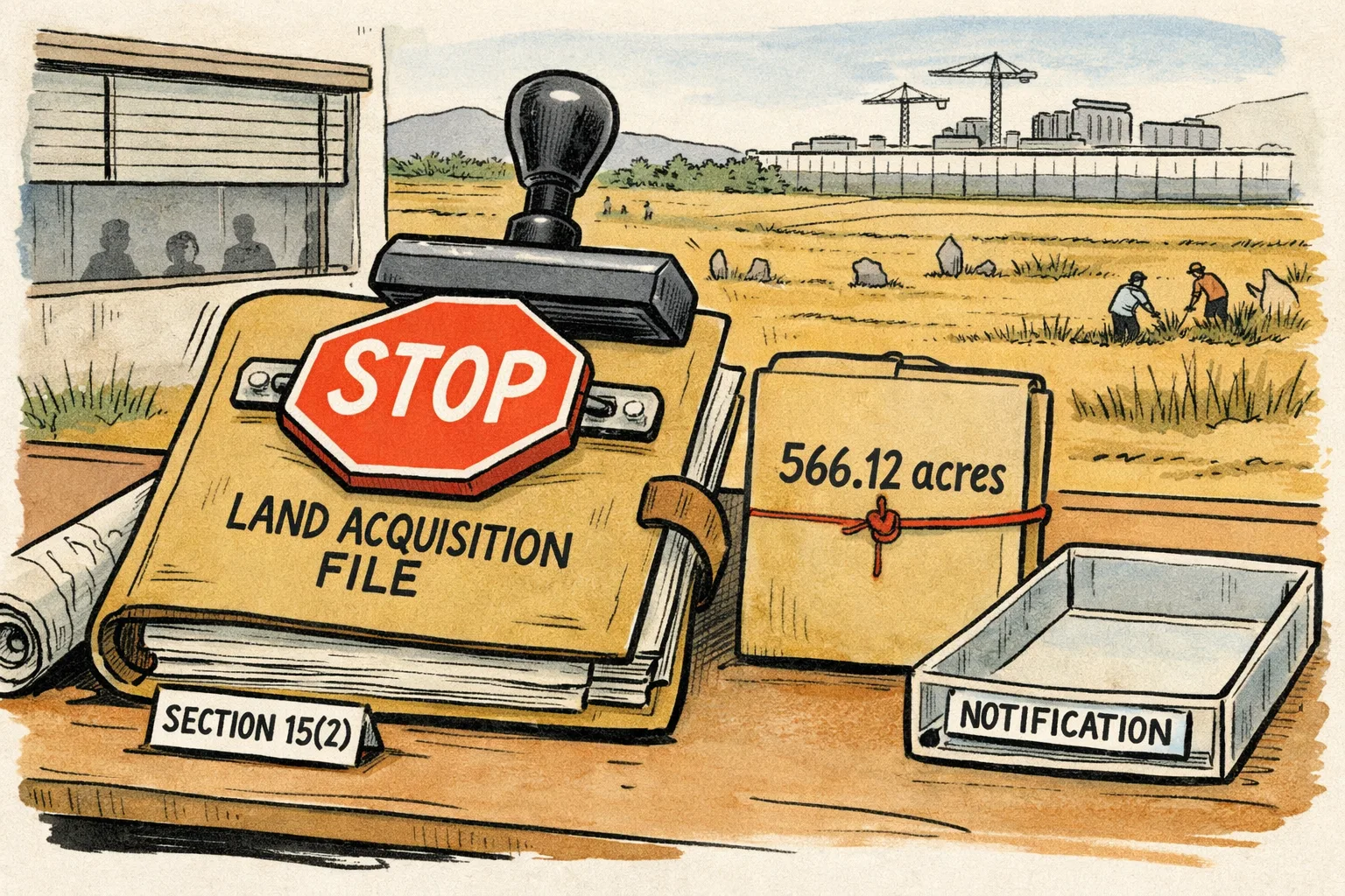 A large Telangana land-acquisition file marked with an acreage figure sits behind a High Court stop sign, while a smaller district office folder waits beside a transparent public-records tray; fields and an industrial-zone outline appear in the background.