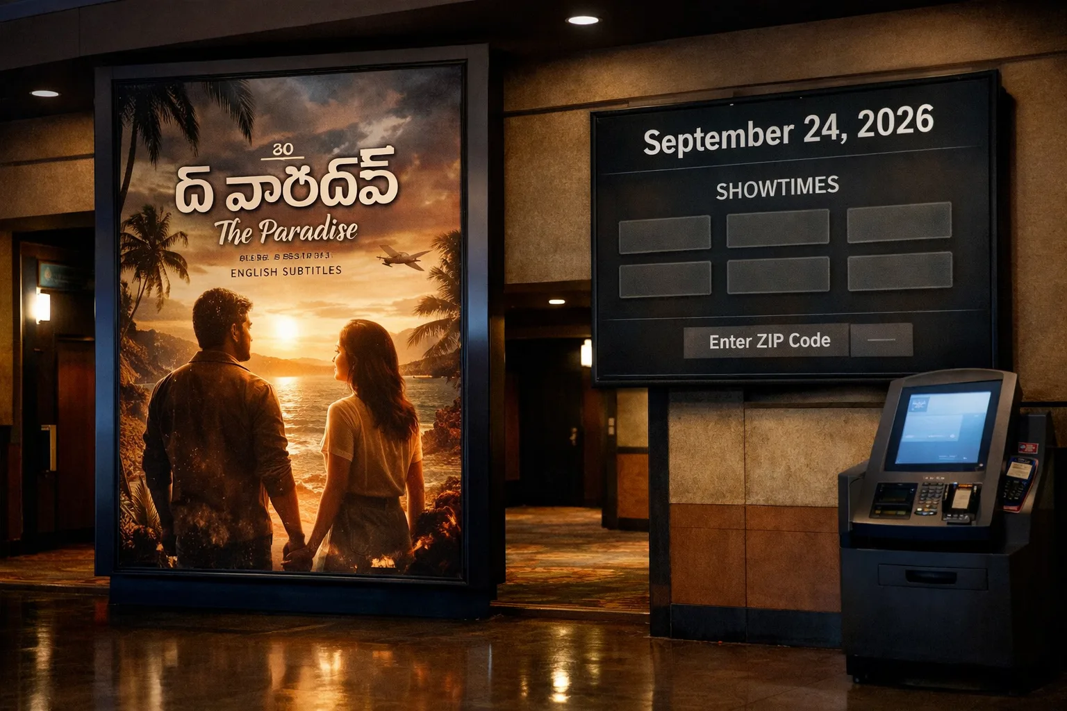 A multiplex lobby display promotes The Paradise with a September 24 date, while an adjacent ticket kiosk shows no screening times.