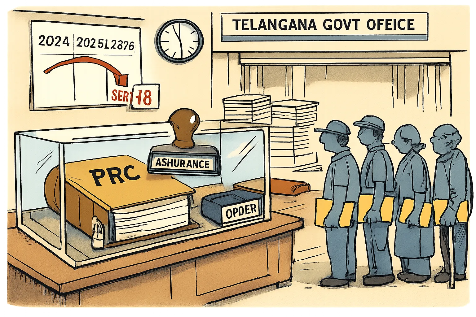 A blank PRC file sits locked behind a government office counter as a deadline arrow moves from 2024 through 2026 toward September 18, while employees wait with empty folders and an assurance stamp rests above an unused order tray.