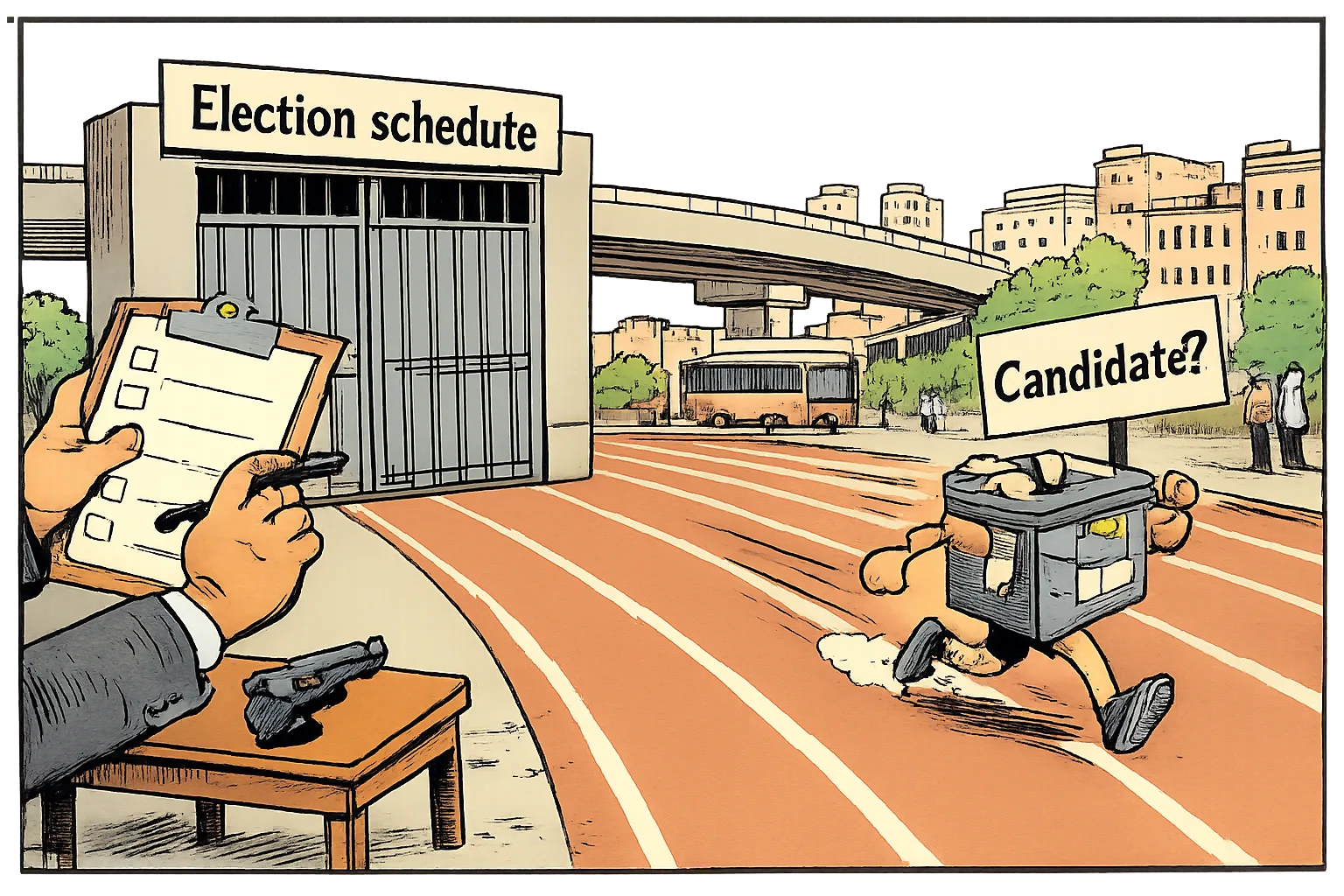 A generic political runner races down an empty track near Hyderabad while a closed gate marked Election schedule and an unused starting pistol remain behind.