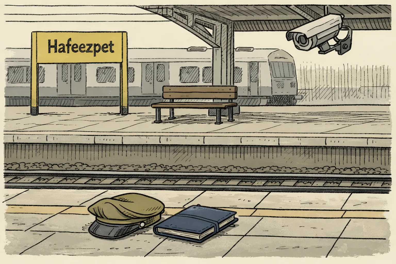An empty Hafeezpet railway platform with a CCTV camera overhead, a discarded khaki cap and closed notebook in the foreground, and a suburban train in the background.