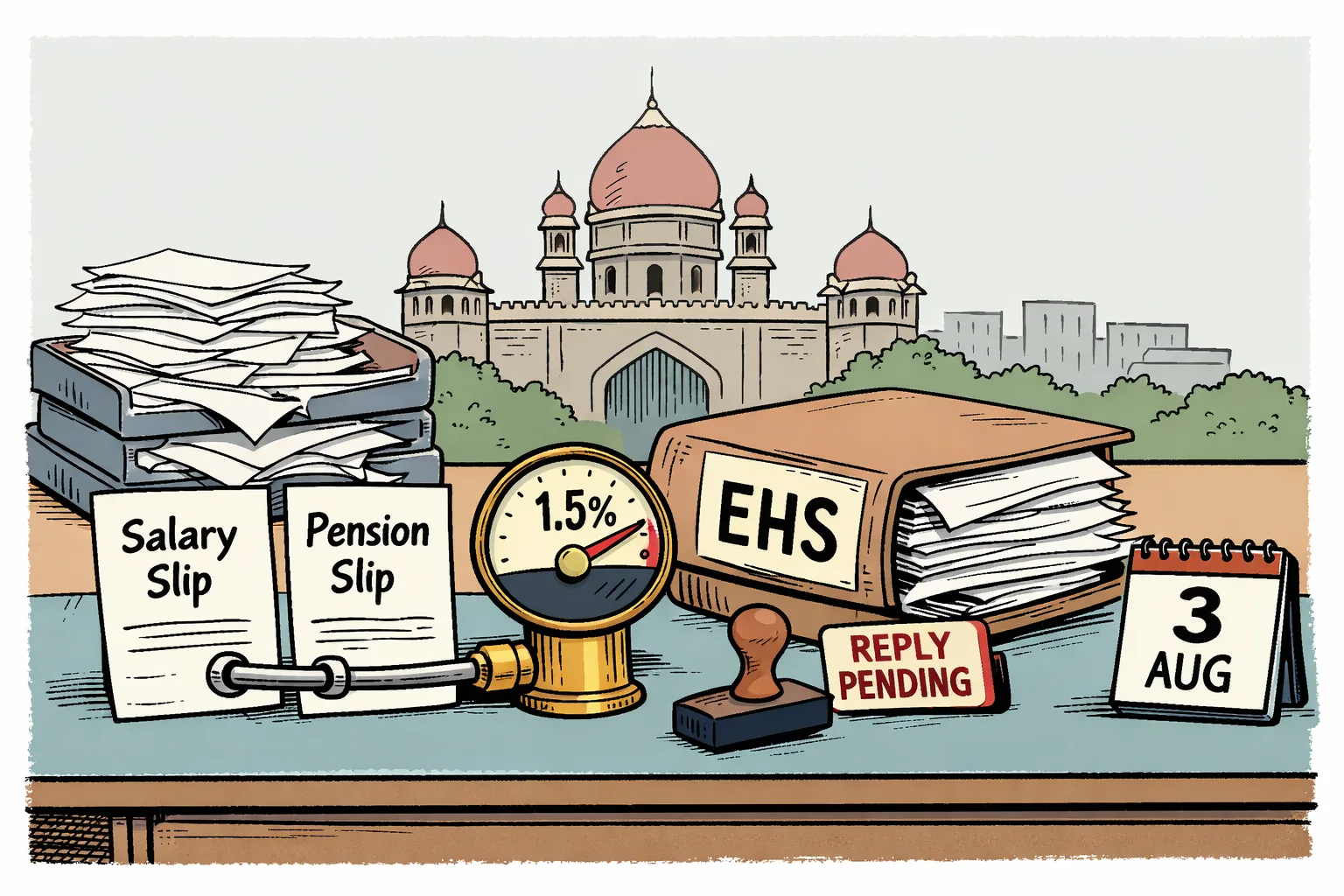 A Telangana government salary slip sits beneath a large running meter labelled 1.5%, while a courthouse file marked EHS waits beside a calendar and an unanswered reply envelope.