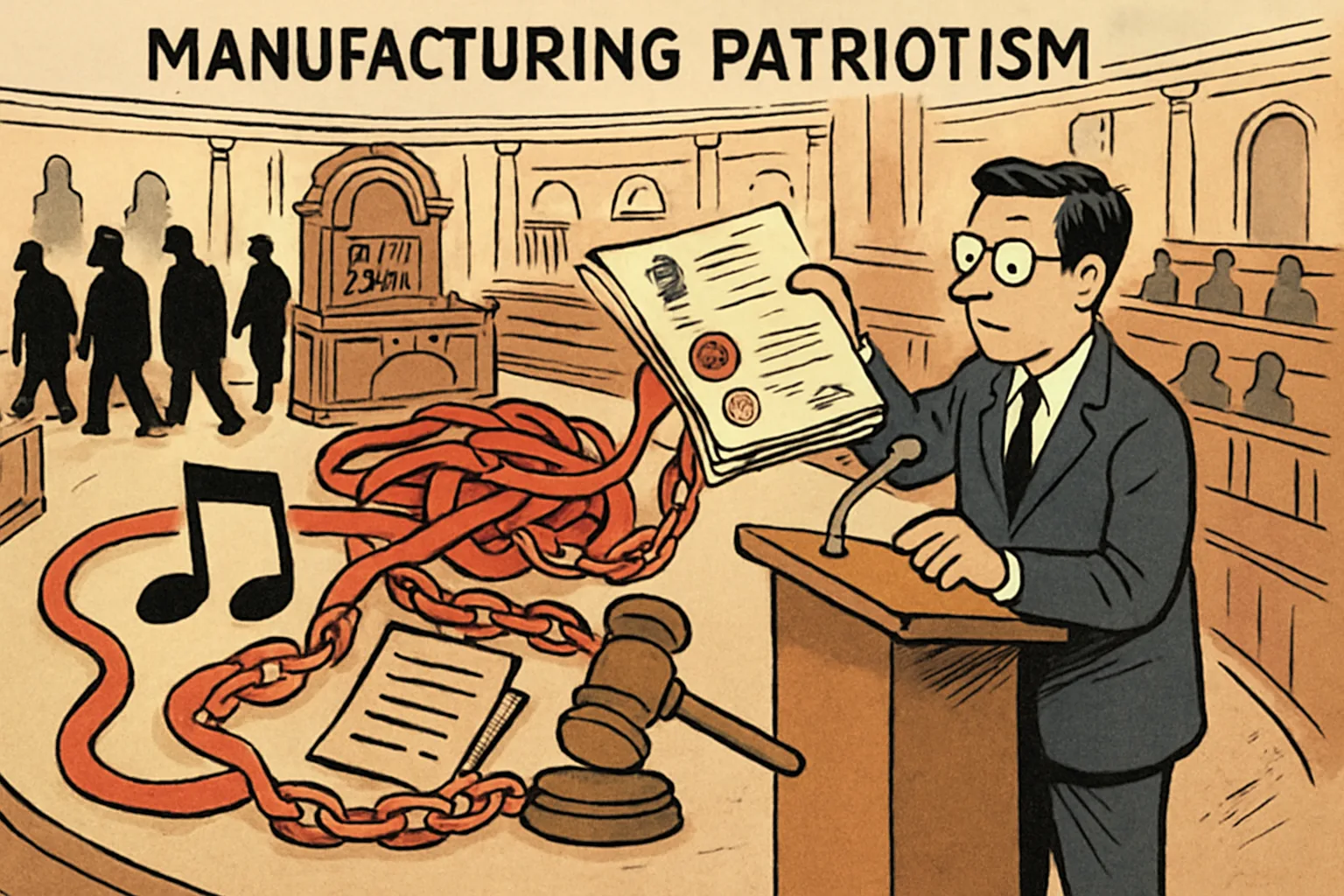 A cartoon showing a bureaucrat at a legislative lectern holding a thick bill, from which red tape and chains spill across the Rajya Sabha floor. Opposition MPs are shown walking away in the background. The chains bind together a musical note, a document, and a gavel.