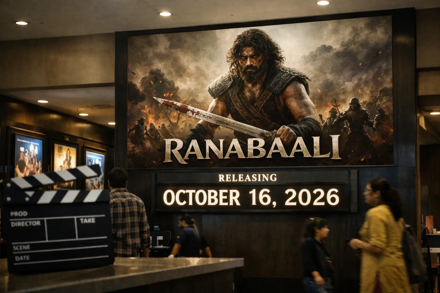 A Hyderabad multiplex lobby displays a Ranabaali poster beside a panel announcing an October 16, 2026 release date.