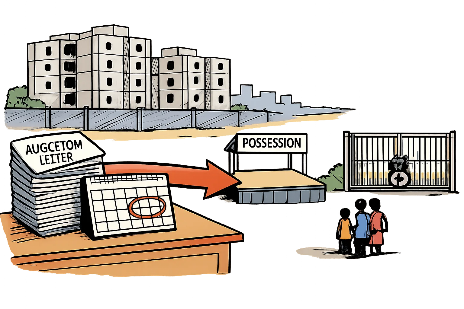 A stack of allocation letters and a timetable point toward an empty stage labelled possession, while unfinished apartment towers stand behind a locked gate and applicants wait nearby.