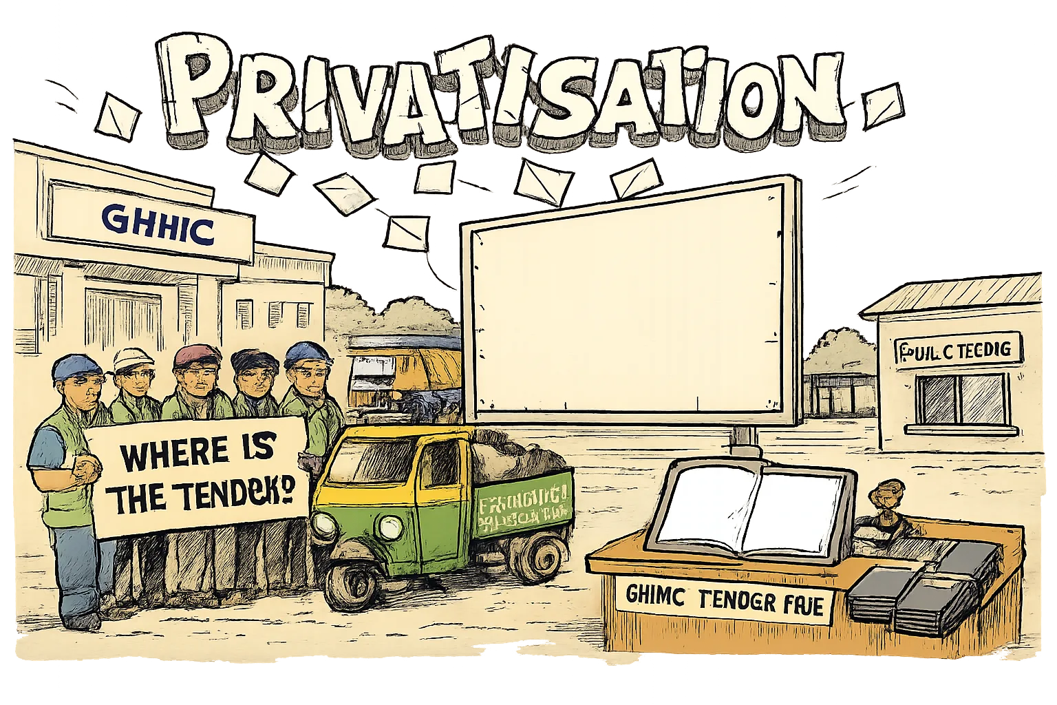 Sanitation workers stand beside a garbage collection auto outside a GHMC-style office, holding a placard asking where the tender is, while a huge hollow word made from protest banners rises above an empty municipal tender file.