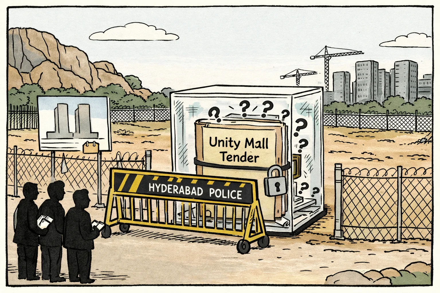 A barricade blocks a file marked ‘Unity Mall tender’ outside a fenced construction site near Malkam Cheruvu, while unanswered question marks pile up behind it.