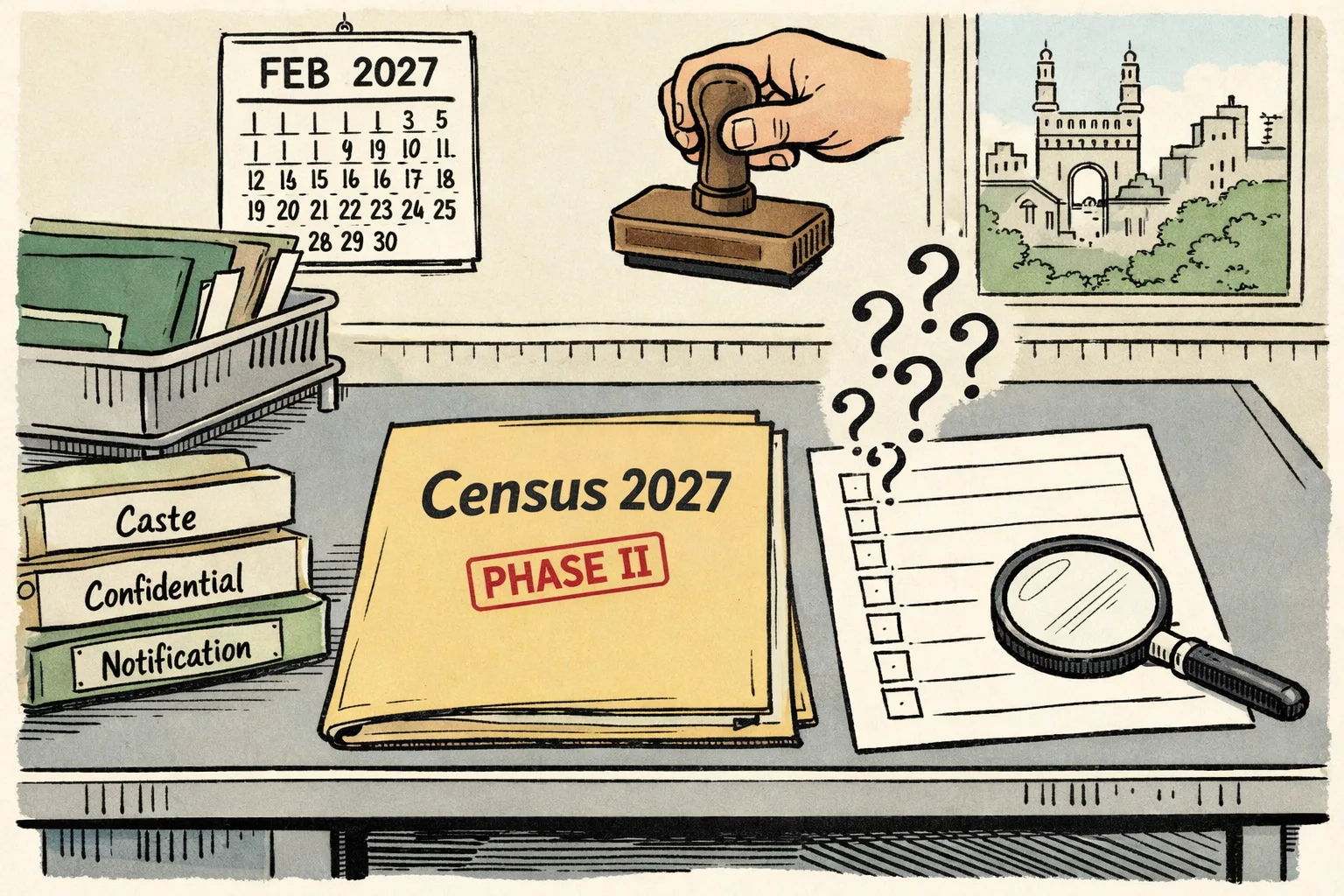 A Telangana government-style office desk holds a sealed Census questionnaire marked “Phase II”, while a large official calendar shows February 2027 and a magnifying glass rests over a blank question page; file folders labelled Census, Caste and Confidential surround the desk.