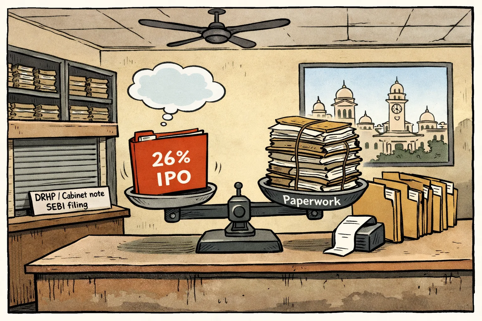An empty folder labelled 26% IPO sits on a paperwork weighing scale at a Telangana government records counter, beside a shuttered filing window and waiting blank files.