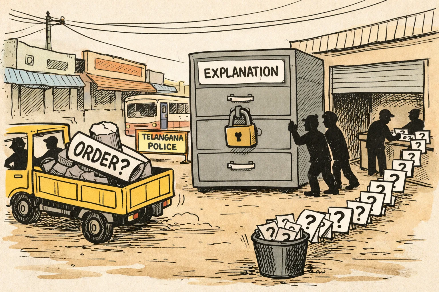 A municipal lorry carries a broken concrete pedestal past a locked filing cabinet labelled “EXPLANATION”, while police barricades and a stationary RTC bus stand on a Telangana town street.