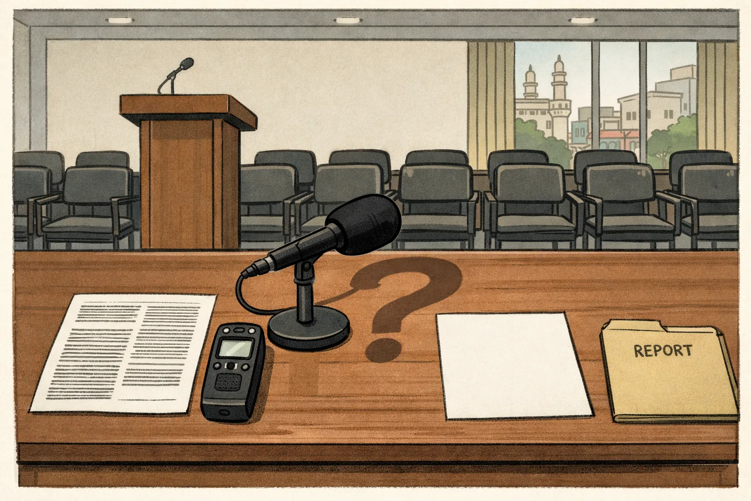 An empty Hyderabad press-room lectern stands behind a table holding one report, an unused audio recorder, a switched-off microphone and a blank transcript sheet, with a question-mark shadow on the wall.