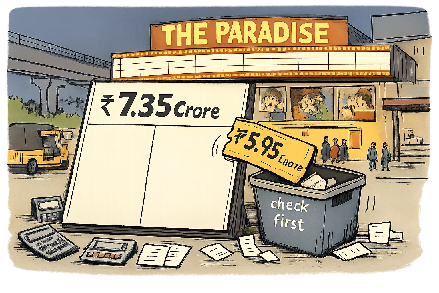A Hyderabad cinema marquee stands behind a giant box-office scoreboard where ₹7.35 crore towers over a smaller ₹5.95 crore ticket stub, surrounded by calculators and tally sheets.