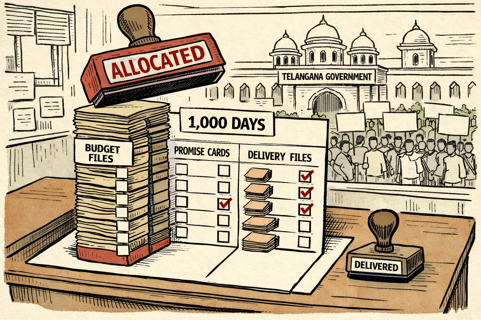 A giant 1,000-day government checklist on a Telangana office desk separates allocation files from a smaller set of delivery folders, while an unidentifiable crowd stands outside.