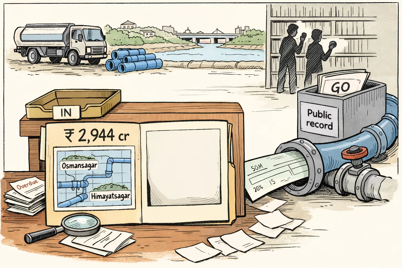 A giant loan folder and pipeline blueprint sit on an office desk while a missing government-order page is searched for among filing cabinets.