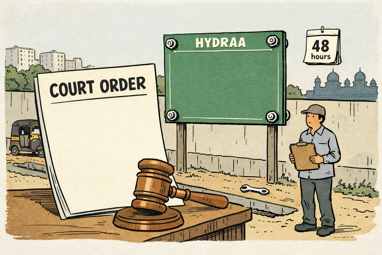 A Telangana High Court gavel and order sheet sit in the foreground while a large HYDRAA notice board remains bolted to a small Hyderabad roadside wall, with a municipal worker holding a wrench and waiting beside it; a courthouse and city buildings appear in the background.