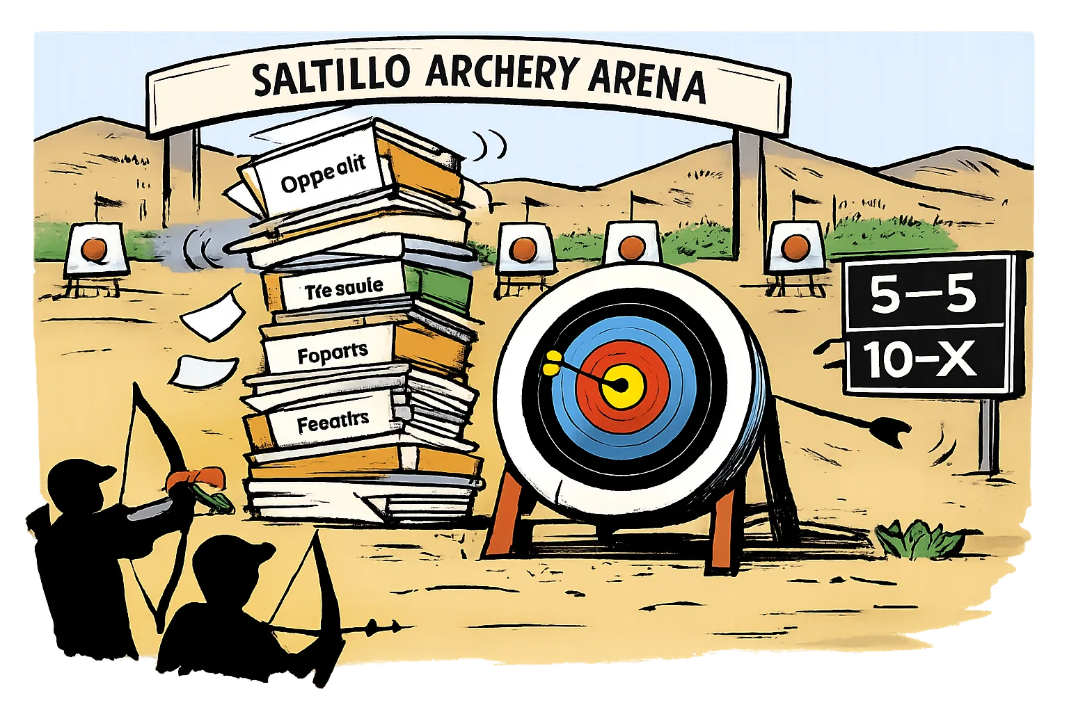 Two small archers face separate targets during a shoot-off; one arrow sits in the gold 10-X while the other is wide right, beside a wobbling stack of official papers.