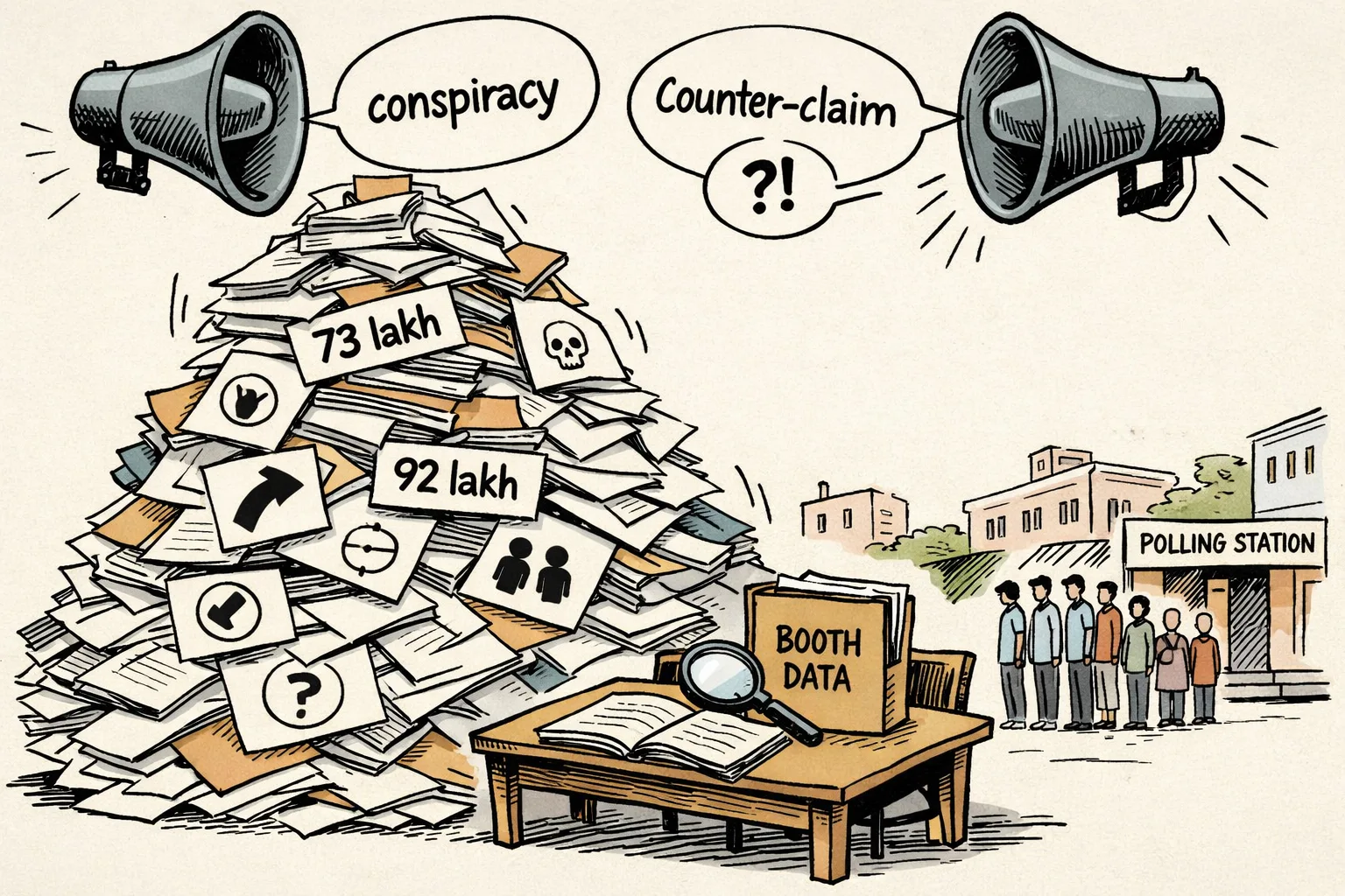 A towering pile of voter-roll files marked with categories such as deceased, shifted, absent and duplicate stands beside a small empty booth-level verification desk, while anonymous loudspeakers broadcast claims above a waiting voter queue.