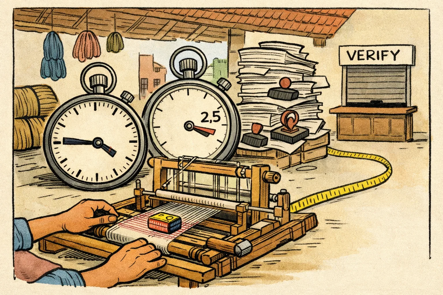 A Telangana handloom loom weaves a tiny silk saree beside two mismatched stopwatches, while a large pile of record-book forms waits for an official stamp.
