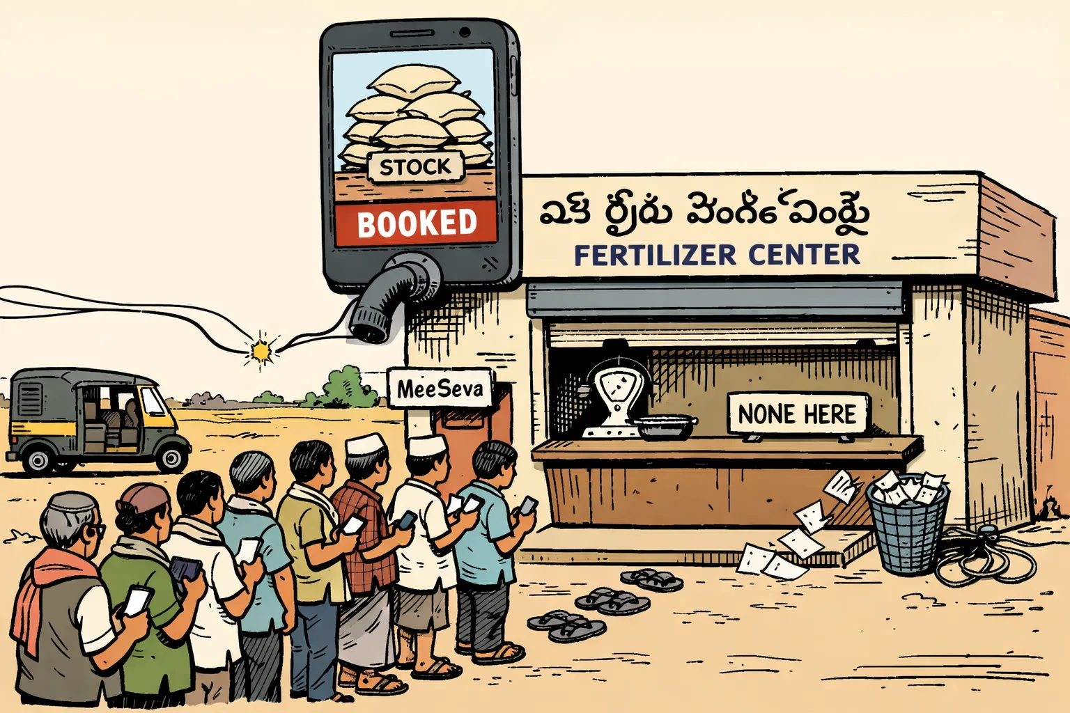Farmers wait outside a rural Telangana fertiliser outlet, holding booking slips and leaving sandals to mark their places, while an oversized smartphone showing stock feeds a pipe into an empty dealer counter.