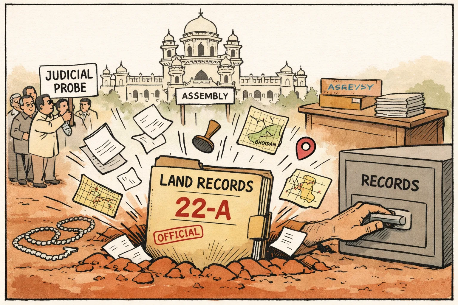 A cartoon outside the Telangana Assembly shows a huge file marked 22-A buried like a landmine, with loose papers, a judicial probe placard, a committee box and a locked records drawer.