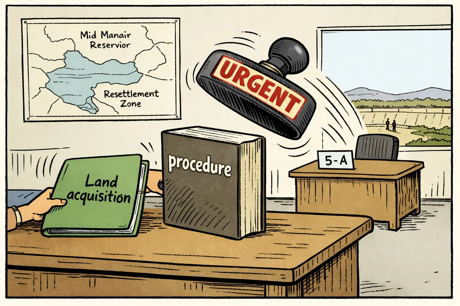 A giant rubber stamp marked “URGENT” tries to jump over a government hearing counter labelled “5-A”, but a legal rulebook blocks it as a land-acquisition file is sent back across a Telangana government office desk.