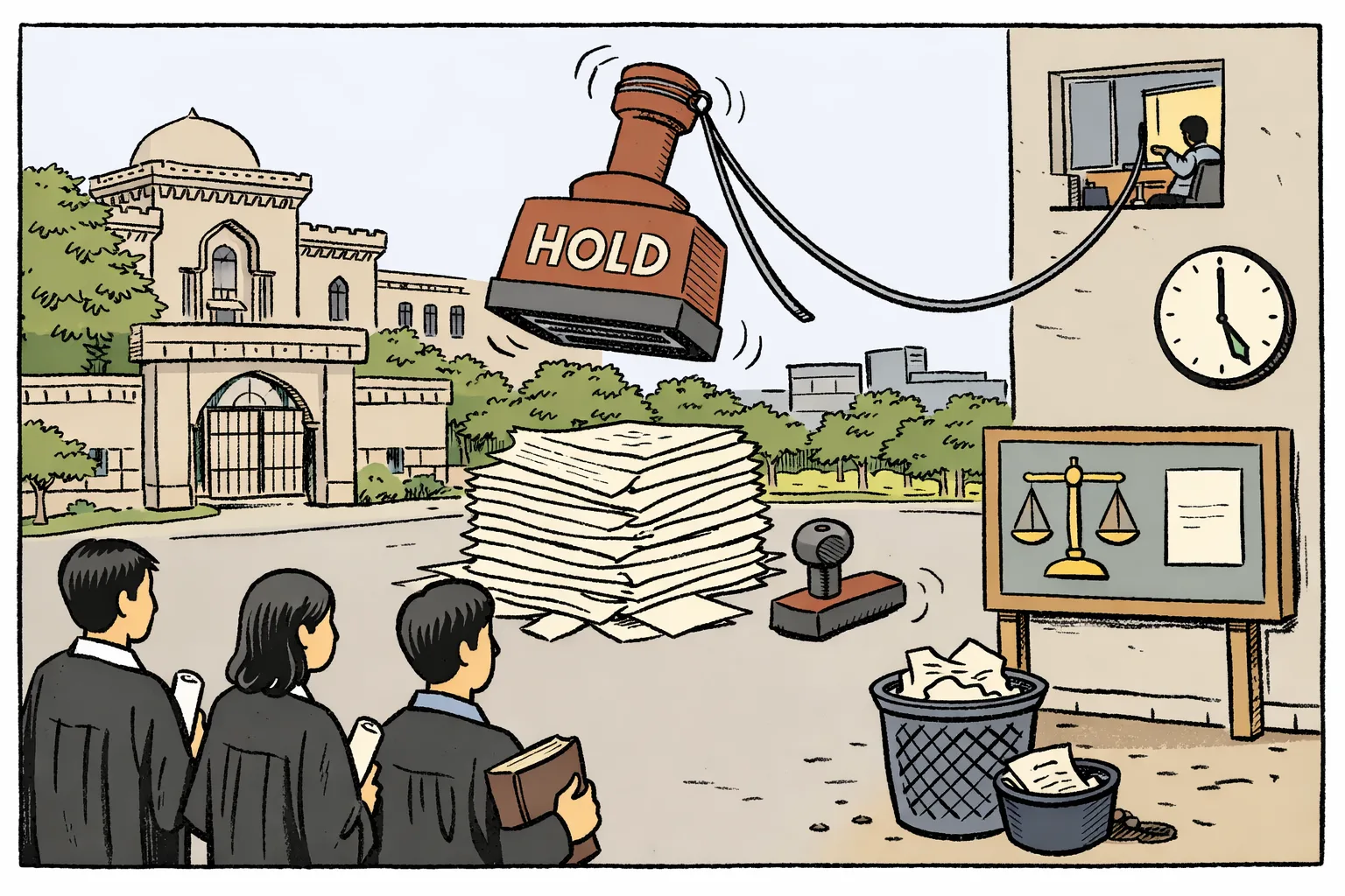 A Hyderabad law university gate stands behind a row of graduating caps and law books, while a huge rubber stamp marked “HOLD” is hurriedly being pulled back by a hand from a distant office desk; students remain calmly in line with their certificates.