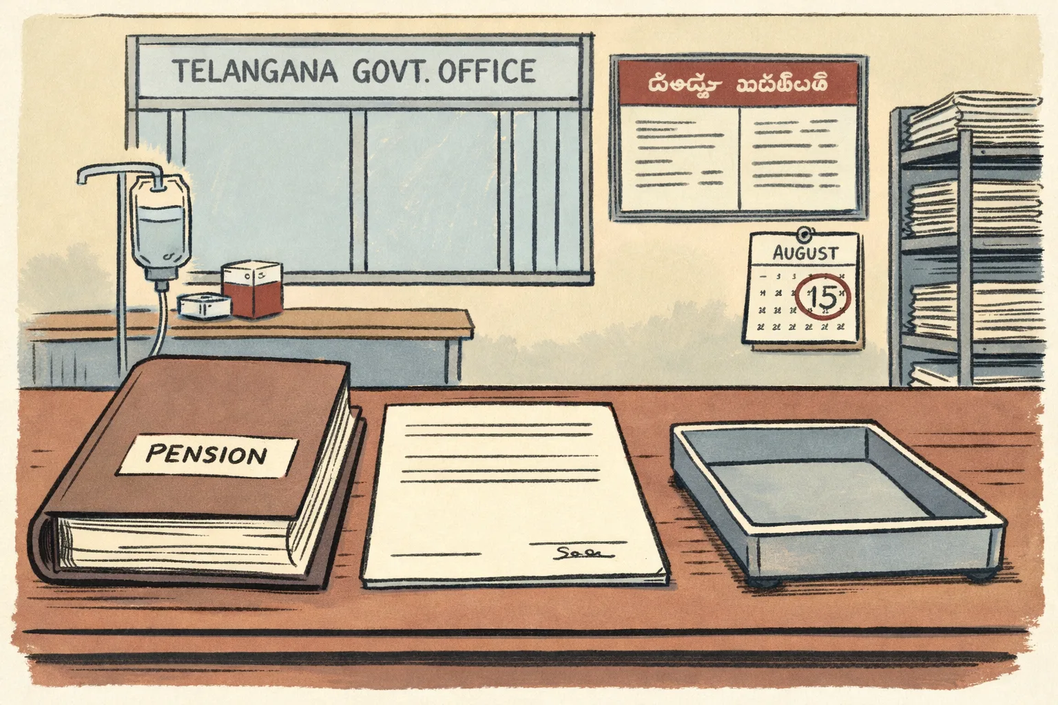 A Telangana government pension file marked for thalassemia and sickle-cell patients sits on a desk beside an empty payment tray and a calendar showing August 15; a transfusion bag and medicine box are placed in the background.