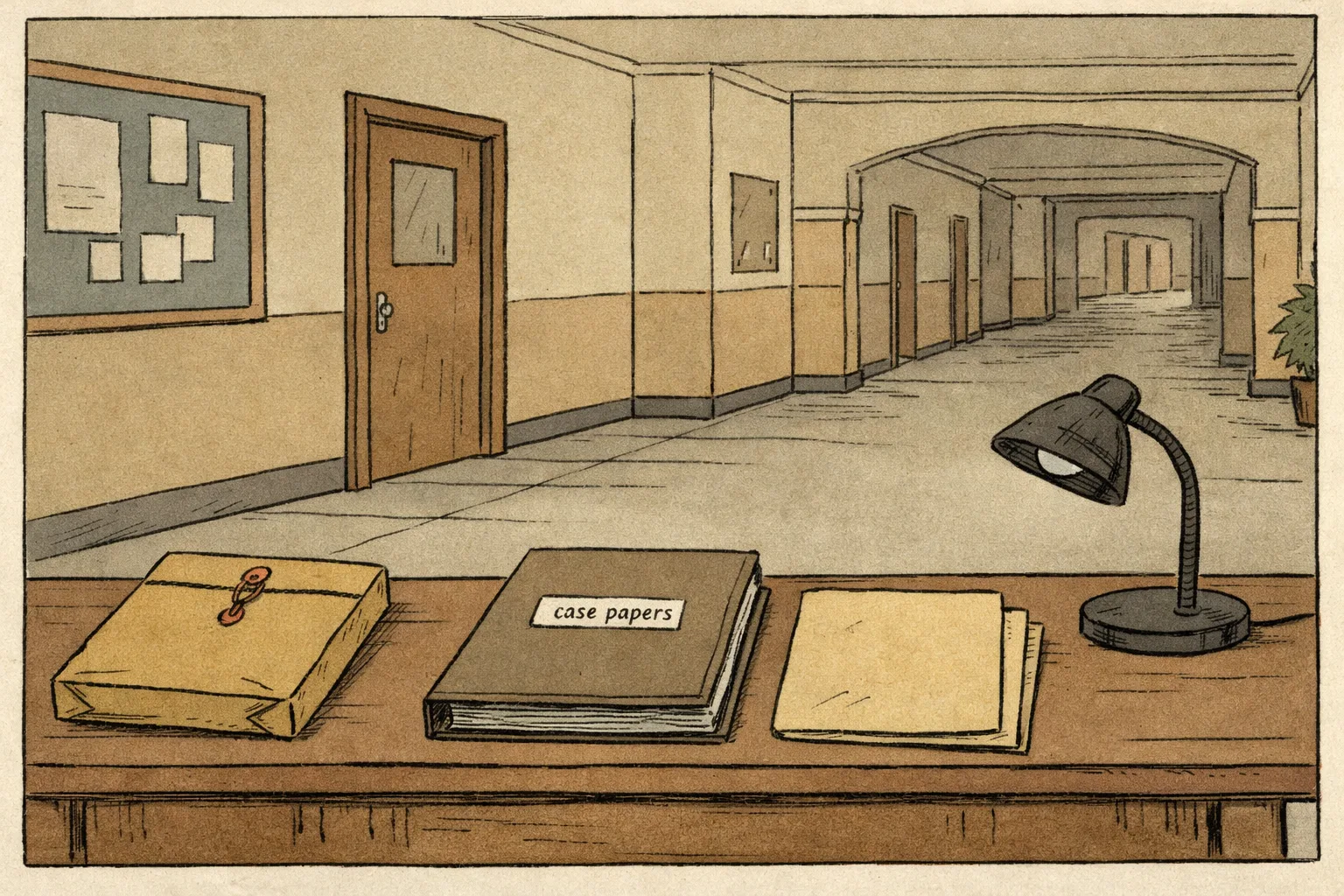 A quiet Hyderabad police-academy corridor with a closed office door, a sealed evidence envelope and an unanswered stack of court papers on a desk; an indistinct police noticeboard is visible in the background.