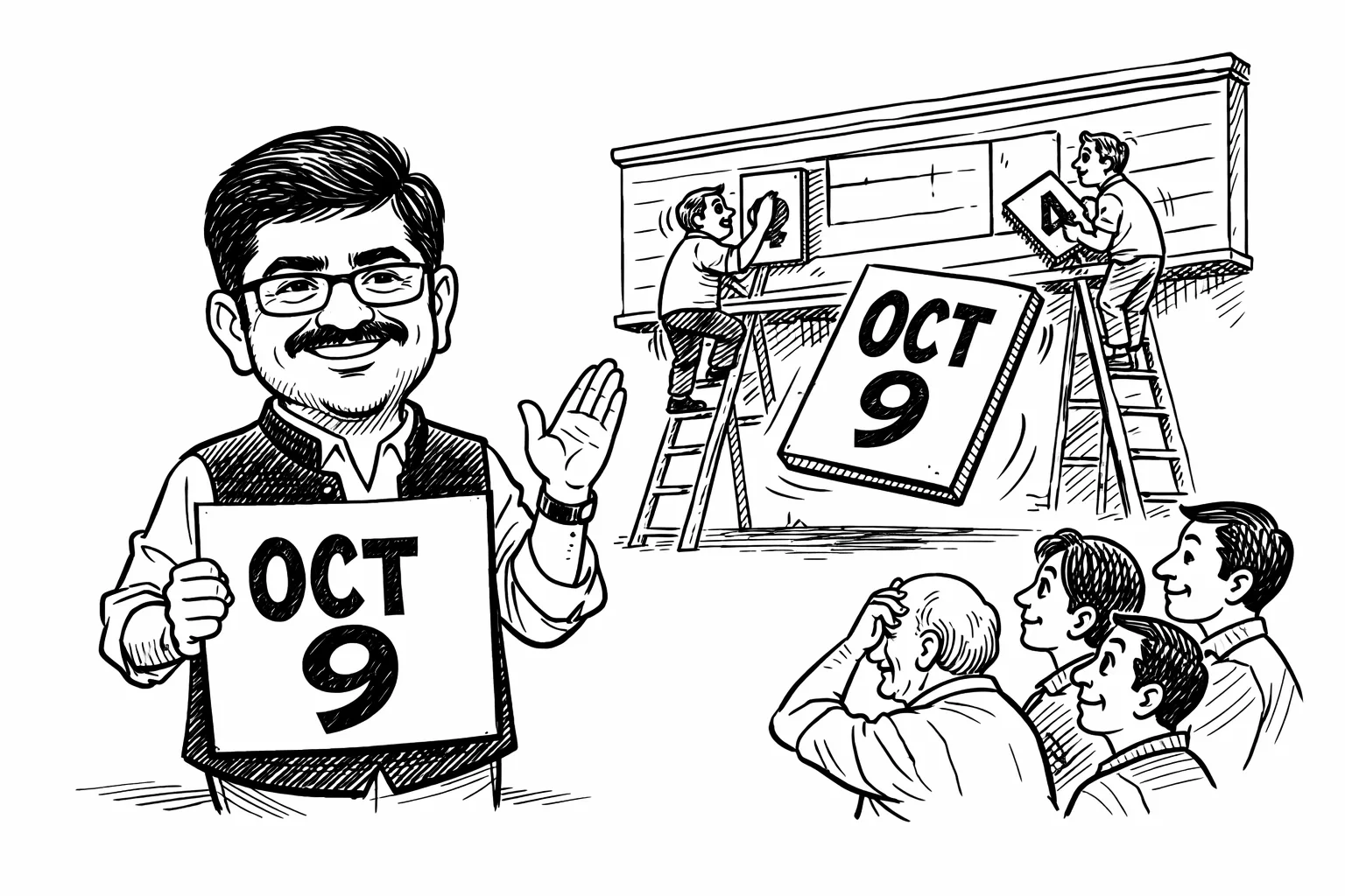 A caricatured film producer gestures confidently beside a cinema marquee as its large October 9 date panel slides loose, while a small audience waits and neighbouring release dates are hurriedly rearranged in the background.