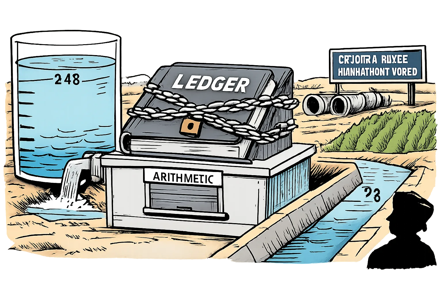 At the Jurala irrigation project, a tank marked 248 feeds a canal marked 28 while a large chained ledger sits behind a locked records counter.