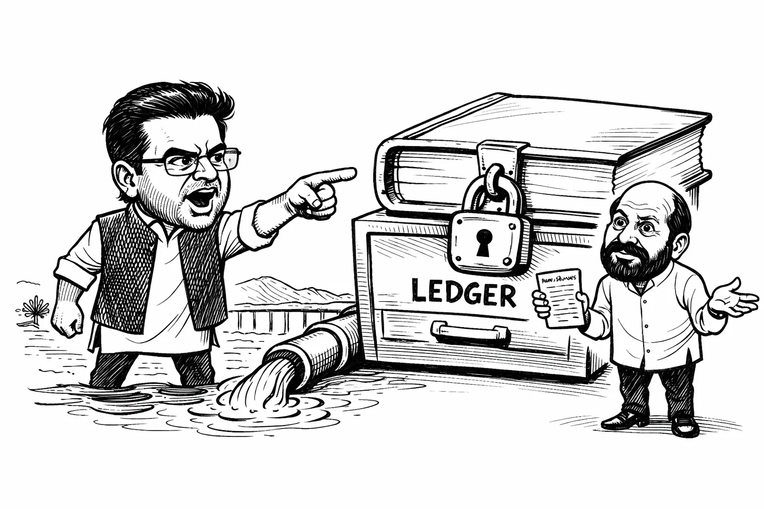 K. T. Rama Rao points at a giant locked drawer containing a blank irrigation ledger while Irrigation Minister N. Uttam Kumar Reddy holds a small press-release sheet; a pipe carries water past the drawer toward the horizon.